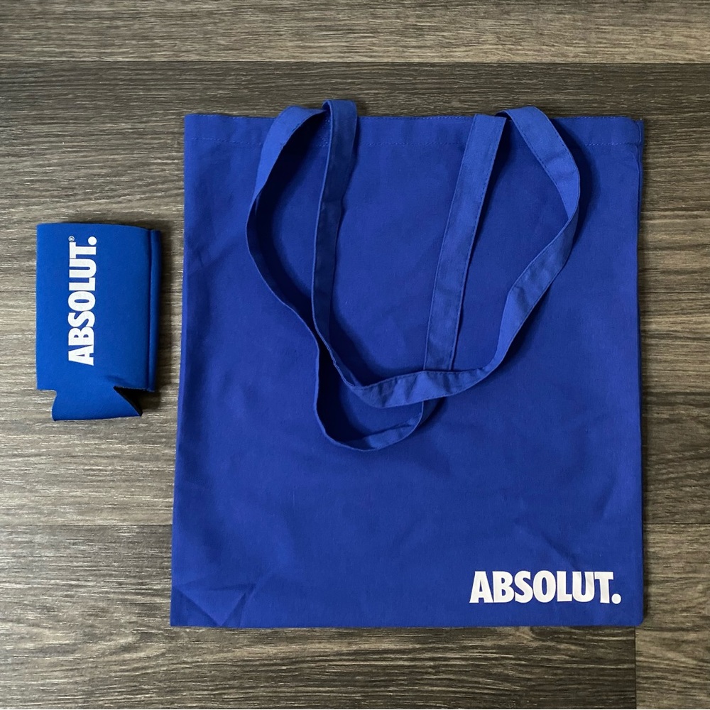 Absolut Vodka Tote Bag & Beer Drink Coozie Koozie Blue Logo Promotional Rare NEW